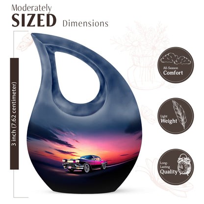 Royal Blue Car Cremation Urn back view with polished surface - faith-inspired cross-drop urn with car pattern - mini keepsake memorial for portion of cremation ashes