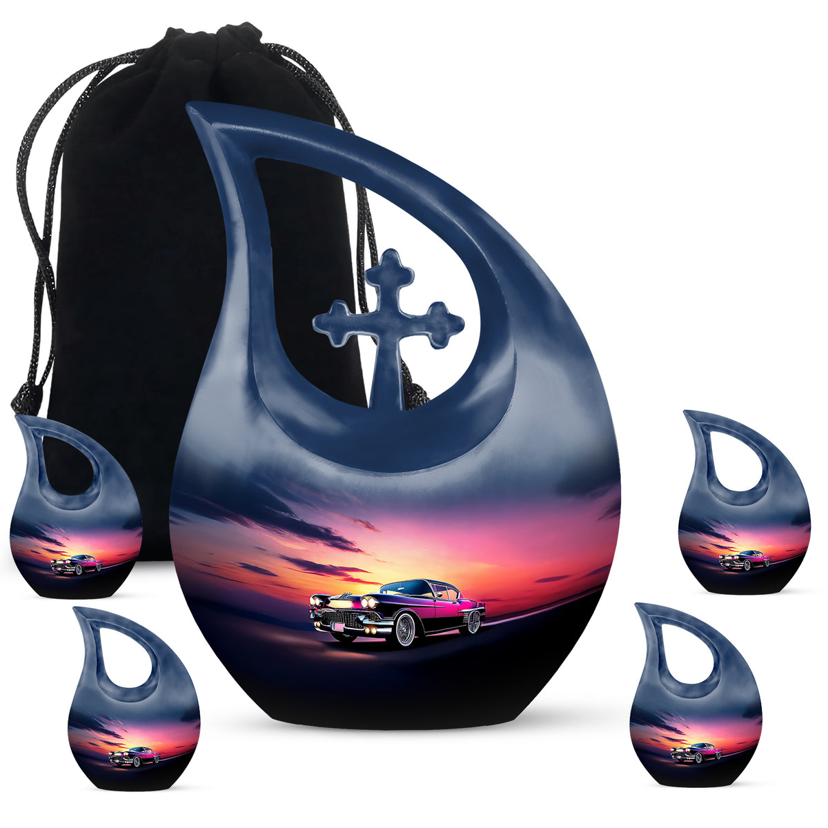 Bright Blue Car Cremation Urn urn with complimentary velvet bag - faith-inspired cross-drop urn with car pattern - memorial set with one large and four small urns