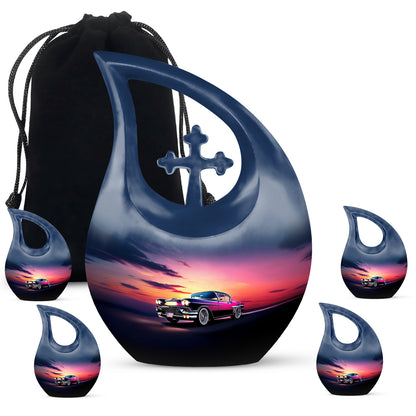 Bright Blue Car Cremation Urn urn with complimentary velvet bag - faith-inspired cross-drop urn with car pattern - memorial set with one large and four small urns