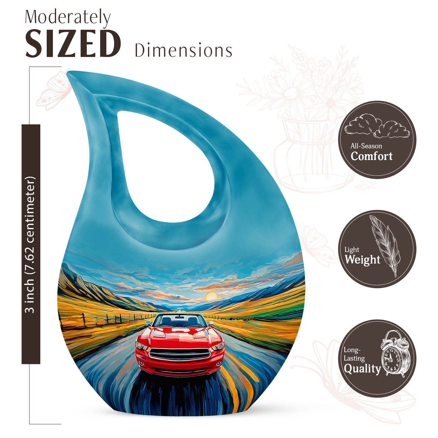 Misty Blue Car Cremation Urn back view with polished surface - cross and car combined in spiritual memorial design - mini keepsake memorial for portion of cremation ashes