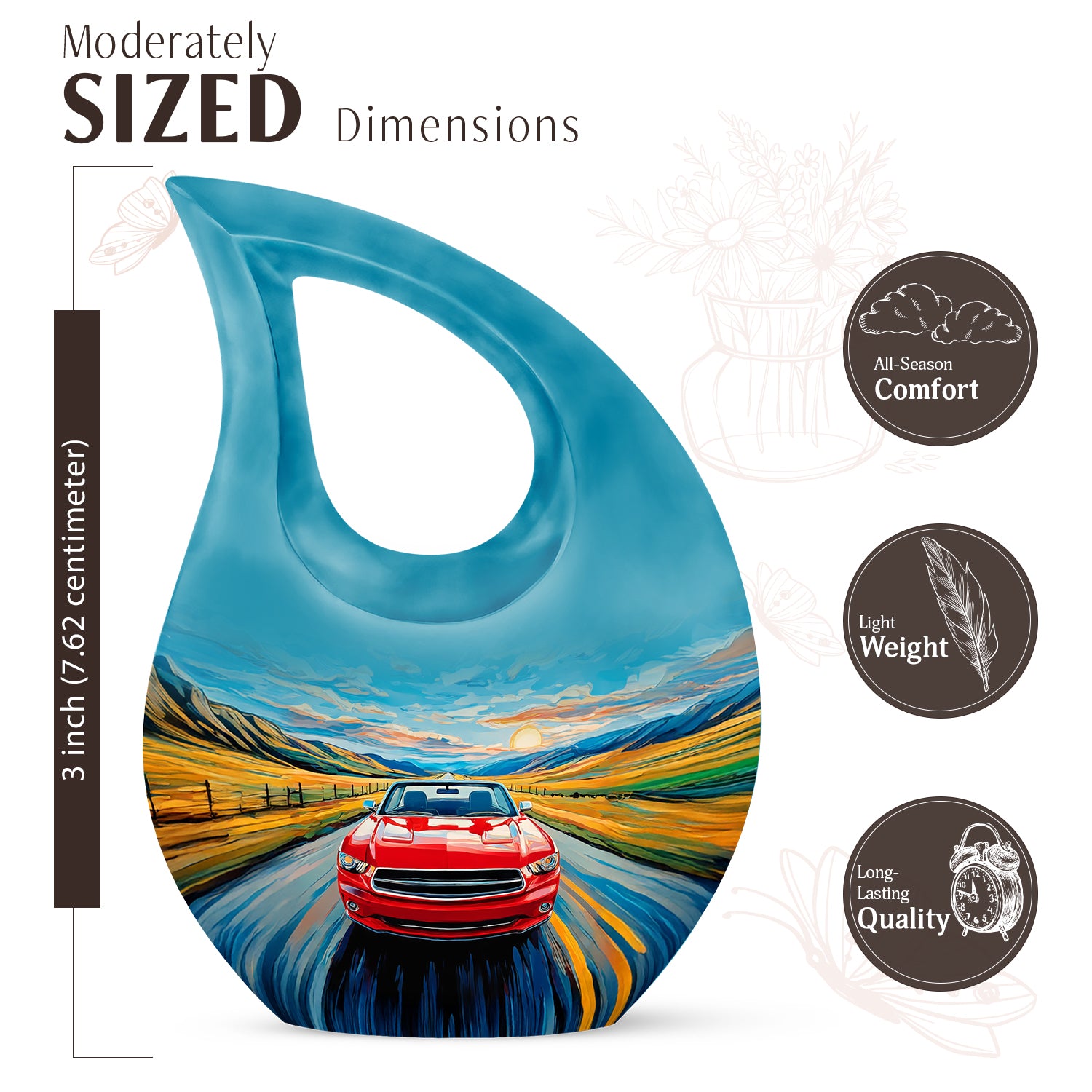 Misty Blue Car Cremation Urn back view with polished surface - cross and car combined in spiritual memorial design - mini keepsake memorial for portion of cremation ashes