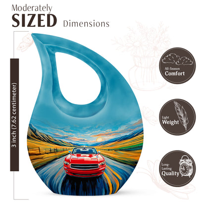 Misty Blue Car Cremation Urn back view with polished surface - cross and car combined in spiritual memorial design - mini keepsake memorial for portion of cremation ashes