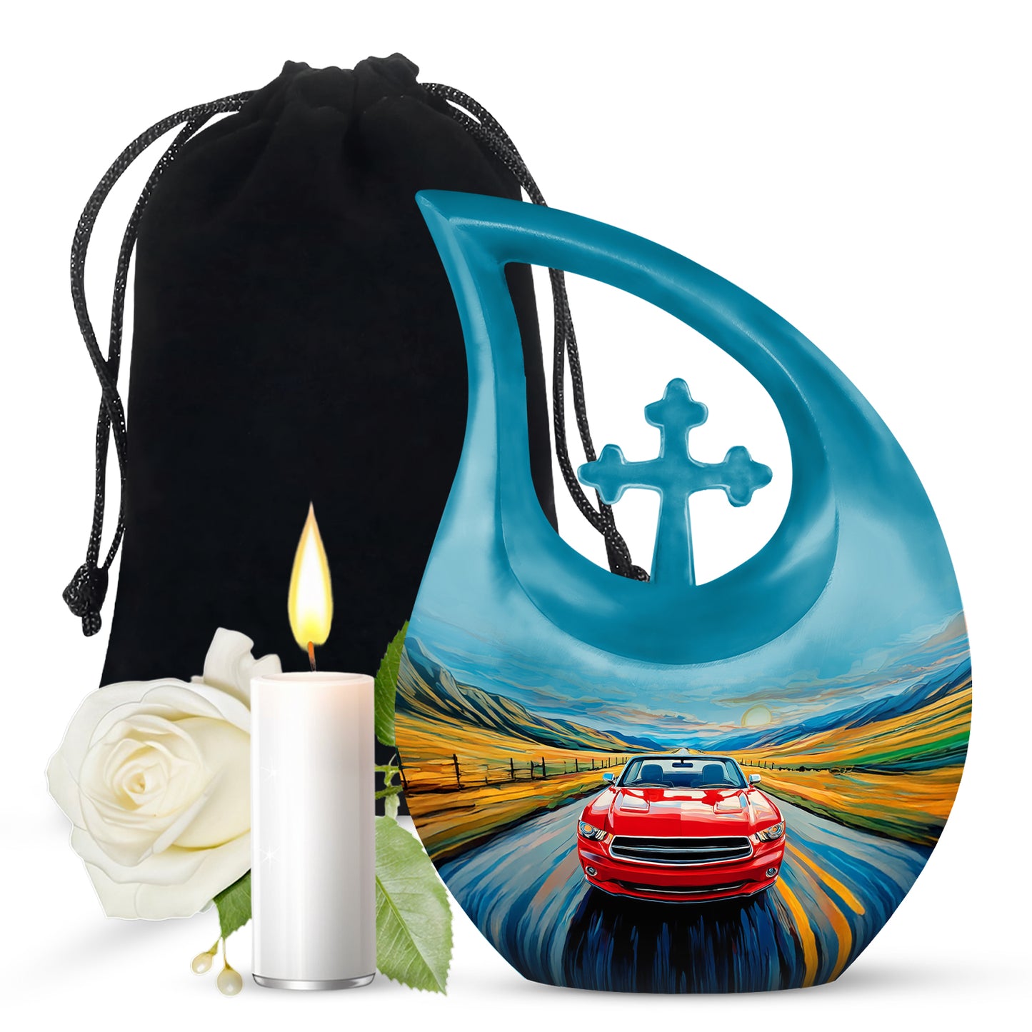 Twilight Blue Car Cremation Urn top-down view of secure threaded lid - devotional cross-drop car engraving - full-size 10 inch 200 cubic inch adult cremation urn