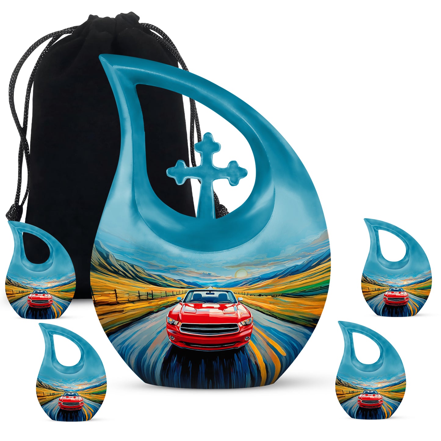 Icy Blue Car Cremation Urn urn with complimentary velvet bag - cross and car combined in spiritual memorial design - memorial set with one large and four small urns