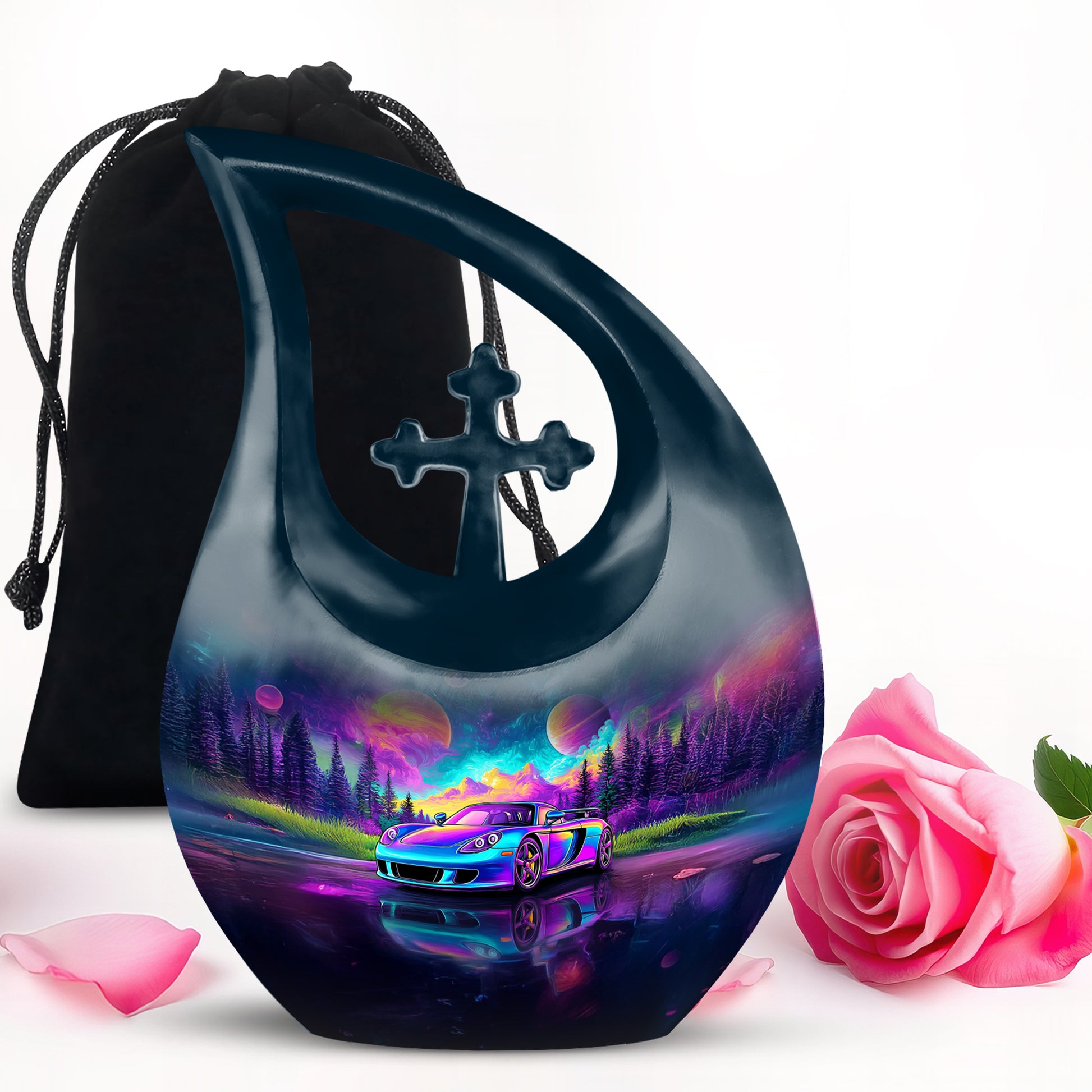 Serene Blue Car Cremation Urn top-down view of secure threaded lid - devotional cross-drop car engraving - full-size 10 inch 200 cubic inch adult cremation urn