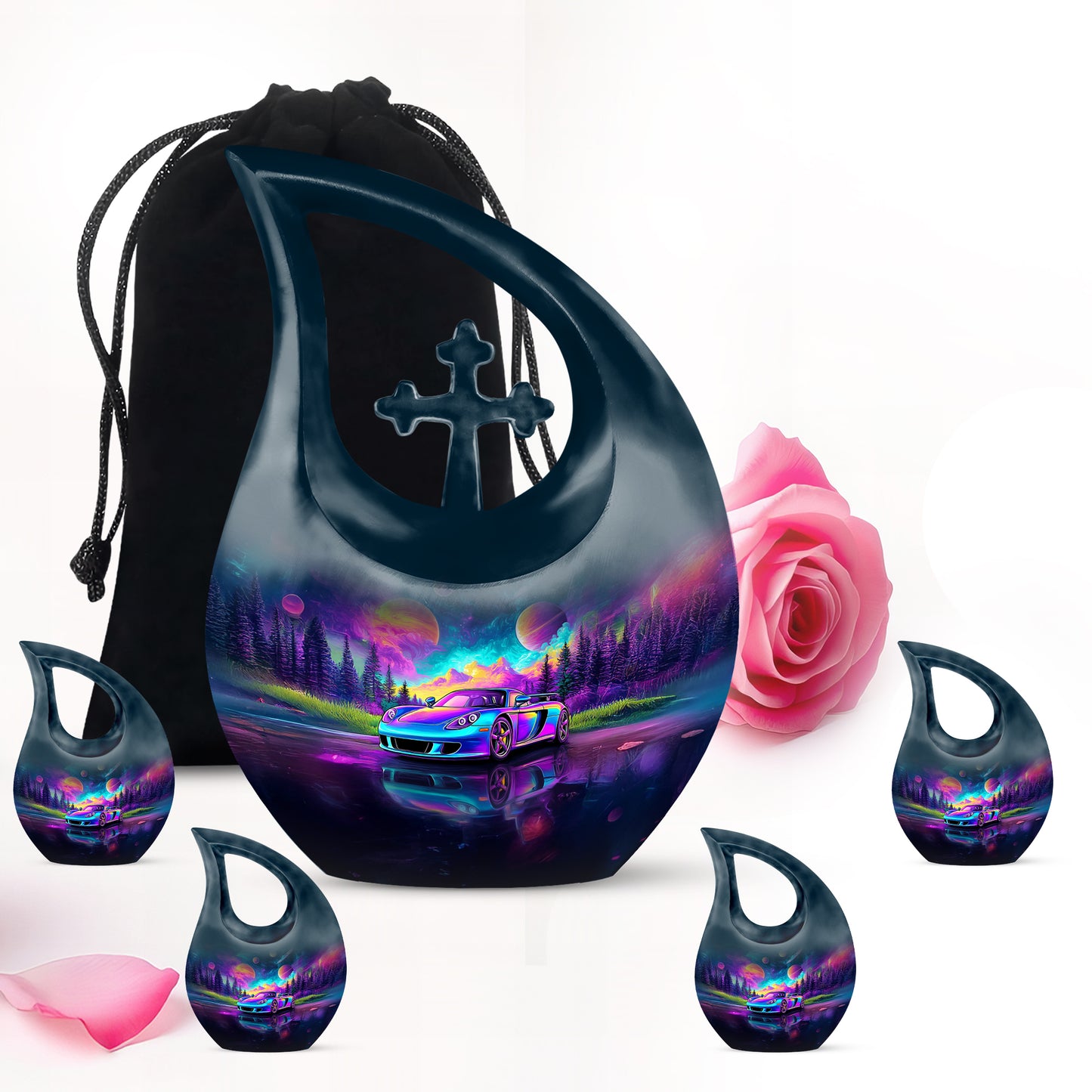 Slate Blue Car Cremation Urn urn with complimentary velvet bag - sacred cross merged with car motif on metal - memorial set with one large and four small urns