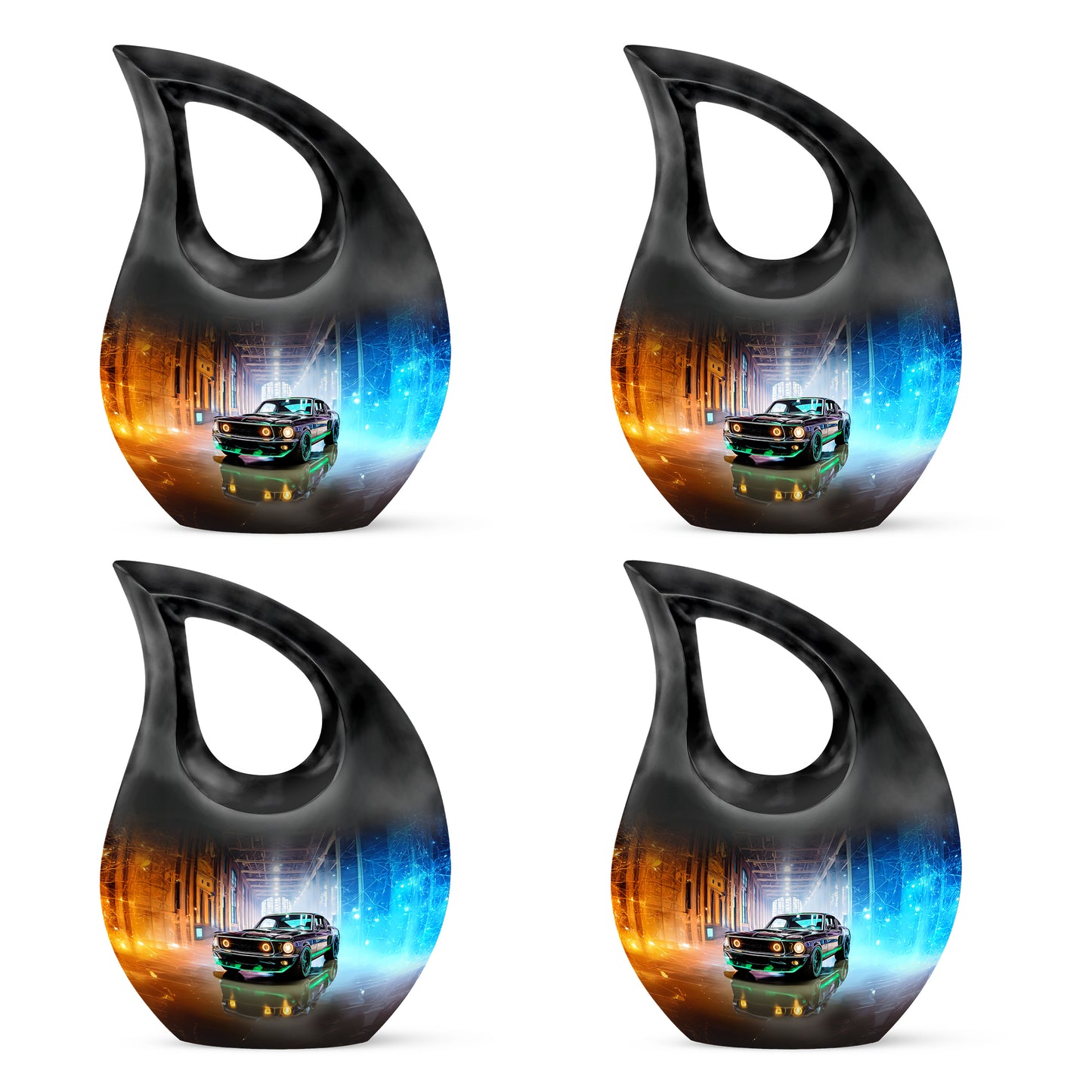 Ebony Car Cremation Urn lifestyle display on memorial shelf - cross and car combined in spiritual memorial design - 10 inch aluminum urn for cremated remains