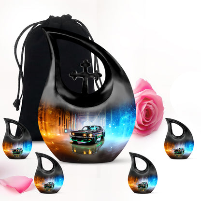 Charcoal Black Car Cremation Urn urn with complimentary velvet bag - faith-inspired cross-drop urn with car pattern - memorial set with one large and four small urns