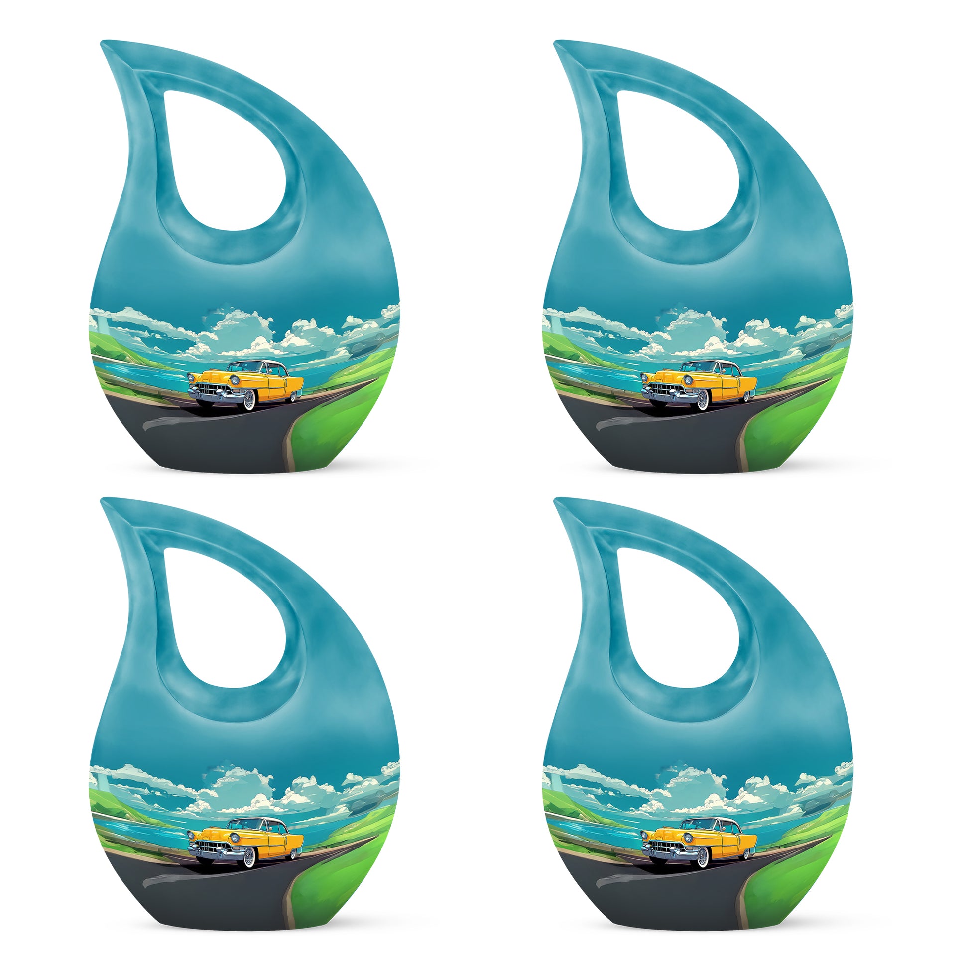 Ocean Teal Car Cremation Urn lifestyle display on memorial shelf - cross and car combined in spiritual memorial design - 10 inch aluminum urn for cremated remains