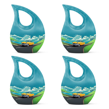Ocean Teal Car Cremation Urn lifestyle display on memorial shelf - cross and car combined in spiritual memorial design - 10 inch aluminum urn for cremated remains