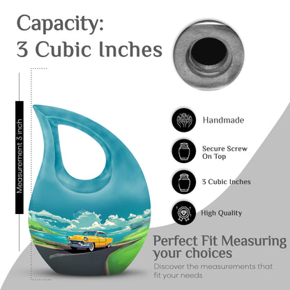 Aqua Teal Car Cremation Urn back view with polished surface - devotional cross-drop car engraving - mini keepsake memorial for portion of cremation ashes