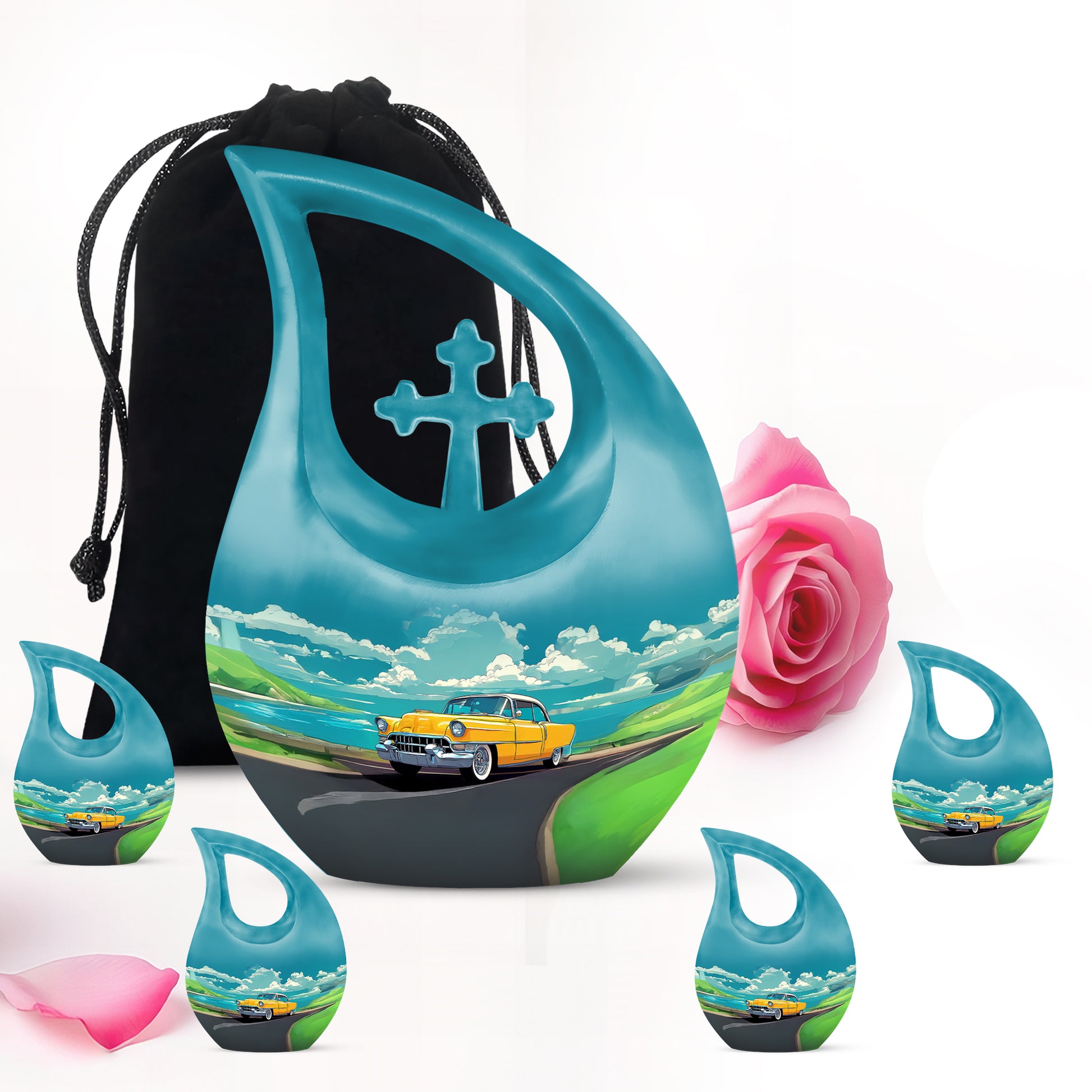 Mystic Teal Car Cremation Urn urn with complimentary velvet bag - devotional cross-drop car engraving - memorial set with one large and four small urns