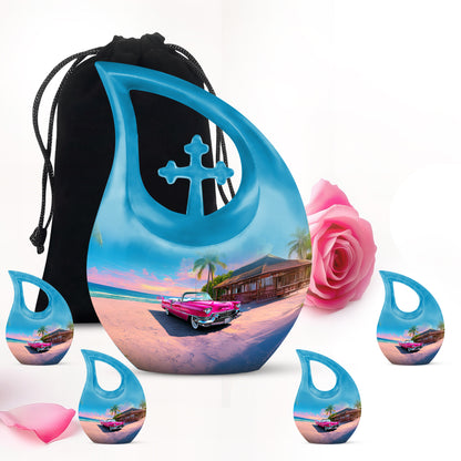 Serene Blue Car Cremation Urn urn with complimentary velvet bag - faith-inspired cross-drop urn with car pattern - memorial set with one large and four small urns