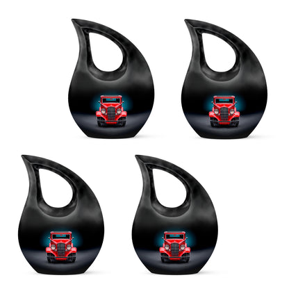 Dark Black Car Cremation Urn lifestyle display on memorial shelf - faith-inspired cross-drop urn with car pattern - 10 inch aluminum urn for cremated remains