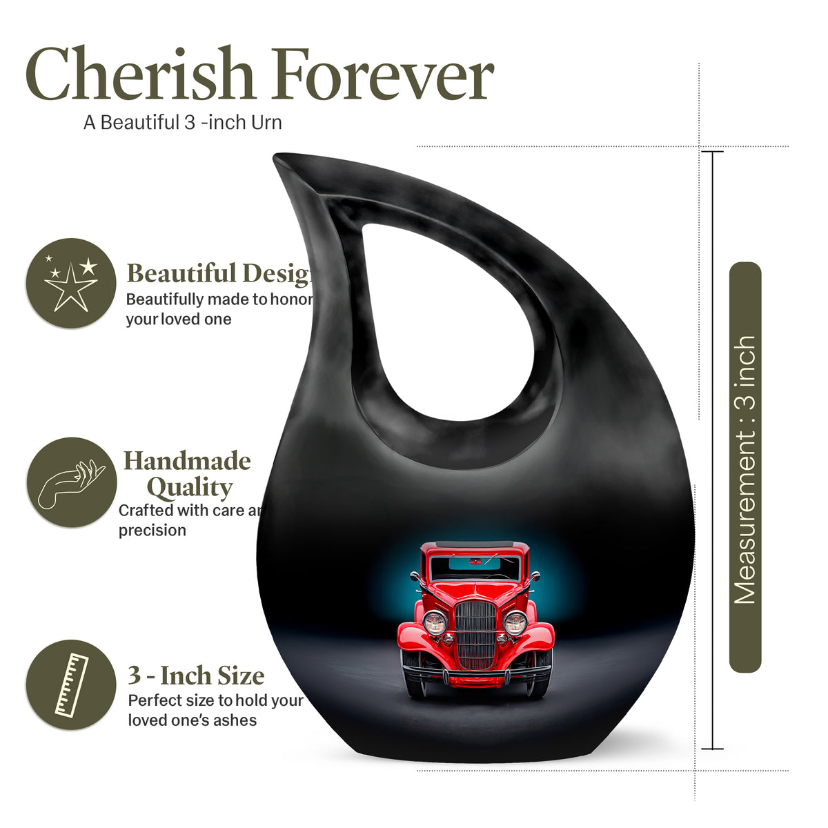 Obsidian Black Car Cremation Urn back view with polished surface - devotional cross-drop car engraving - mini keepsake memorial for portion of cremation ashes