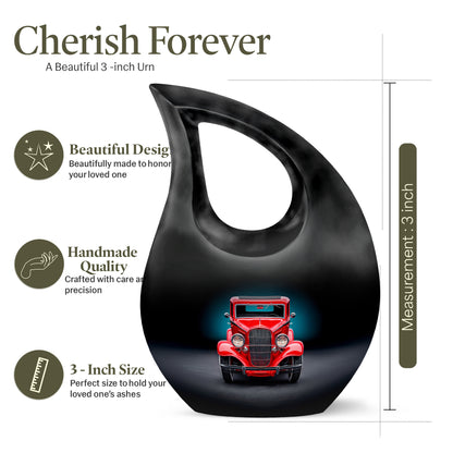 Obsidian Black Car Cremation Urn back view with polished surface - devotional cross-drop car engraving - mini keepsake memorial for portion of cremation ashes