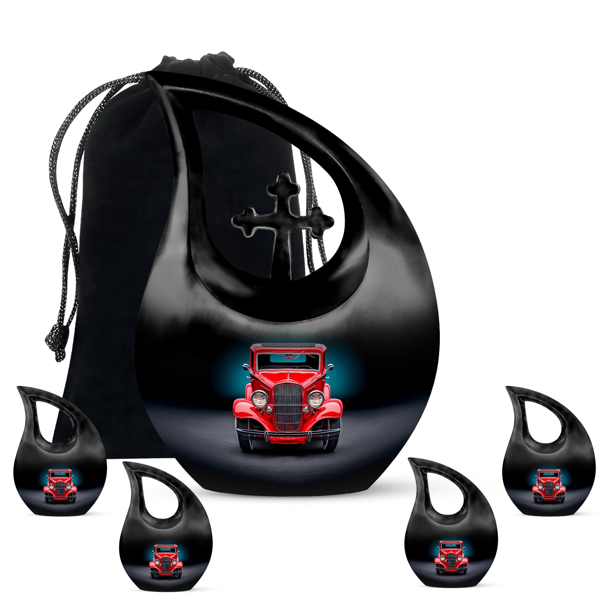 Onyx Black Car Cremation Urn urn with complimentary velvet bag - devotional cross-drop car engraving - memorial set with one large and four small urns