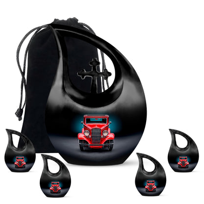 Onyx Black Car Cremation Urn urn with complimentary velvet bag - devotional cross-drop car engraving - memorial set with one large and four small urns