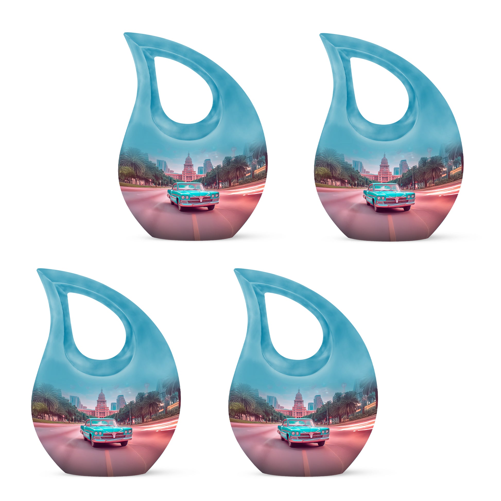 Mystic Teal Car Cremation Urn lifestyle display on memorial shelf - devotional cross-drop car engraving - 10 inch aluminum urn for cremated remains