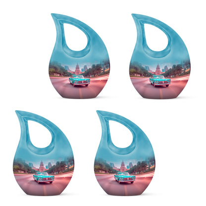 Mystic Teal Car Cremation Urn lifestyle display on memorial shelf - devotional cross-drop car engraving - 10 inch aluminum urn for cremated remains