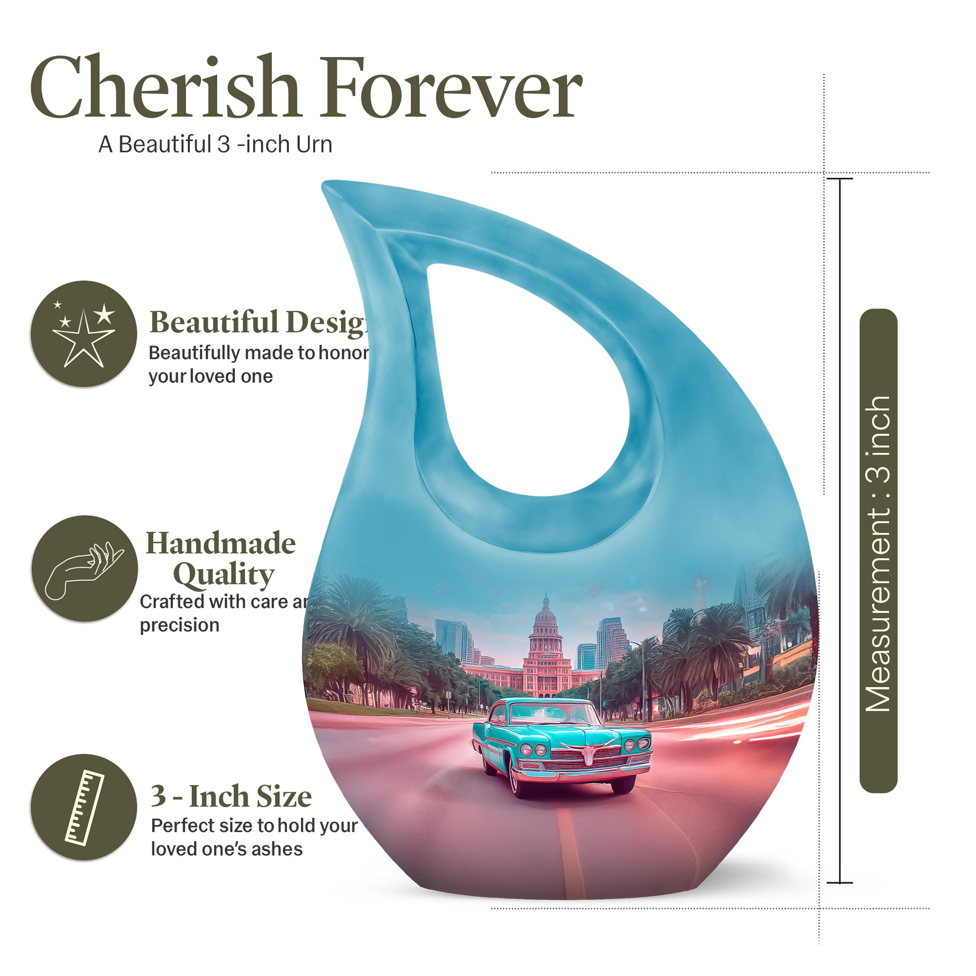Sea Green Teal Car Cremation Urn back view with polished surface - sacred cross merged with car motif on metal - mini keepsake memorial for portion of cremation ashes