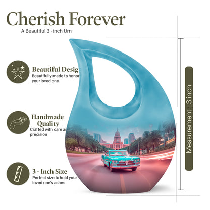 Sea Green Teal Car Cremation Urn back view with polished surface - sacred cross merged with car motif on metal - mini keepsake memorial for portion of cremation ashes