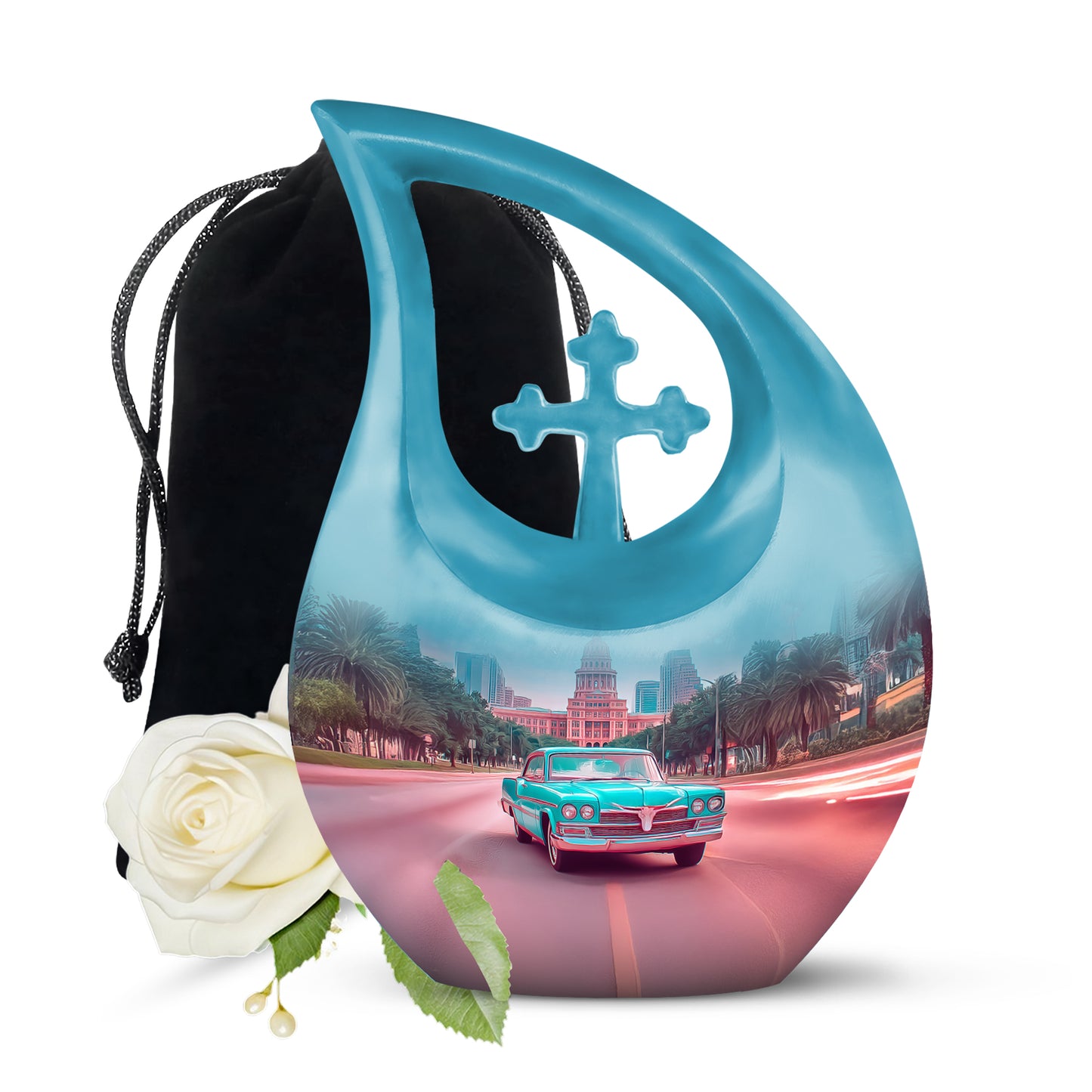Tropical Teal Car Cremation Urn top-down view of secure threaded lid - faith-inspired cross-drop urn with car pattern - full-size 10 inch 200 cubic inch adult cremation urn