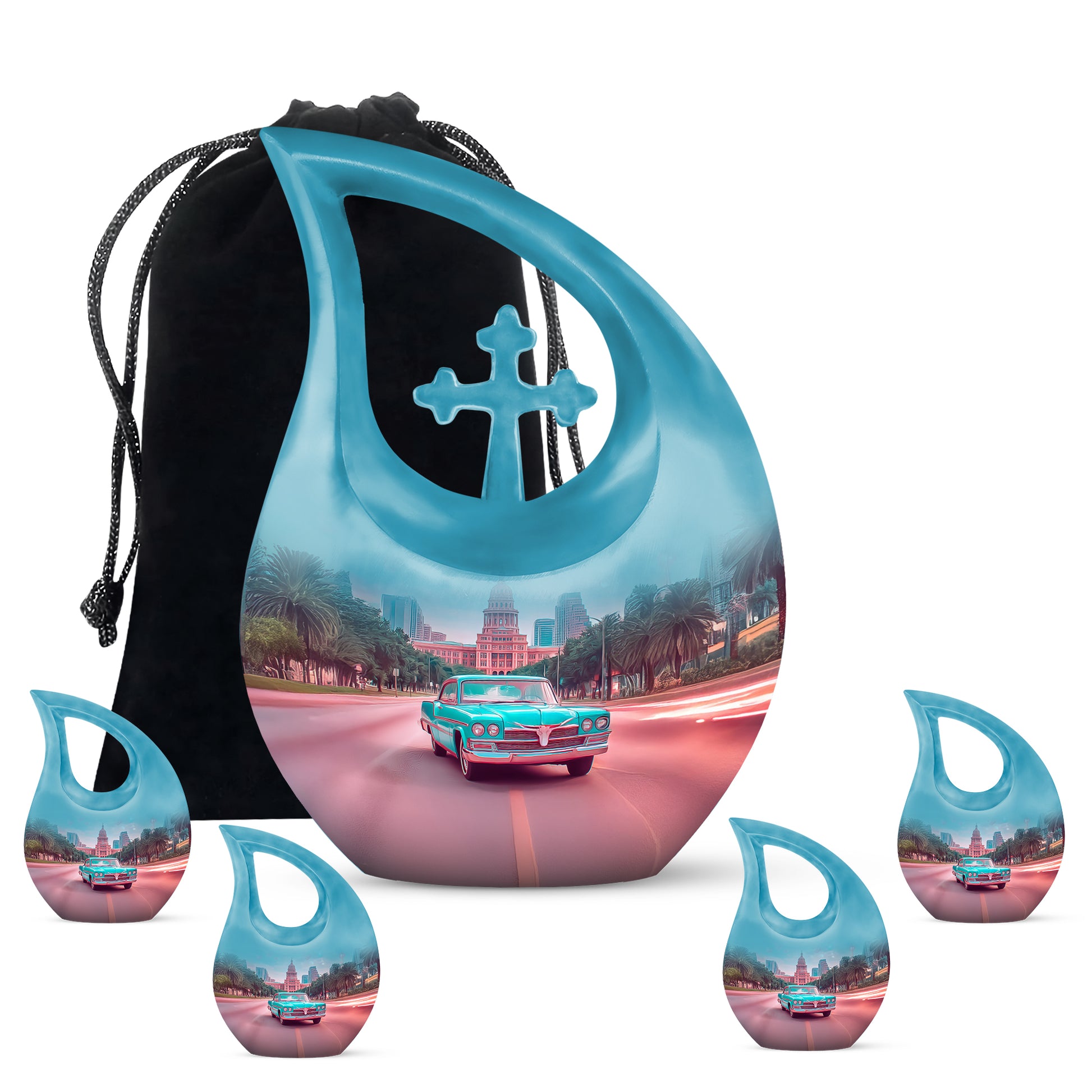 Soft Teal Car Cremation Urn urn with complimentary velvet bag - sacred cross merged with car motif on metal - memorial set with one large and four small urns
