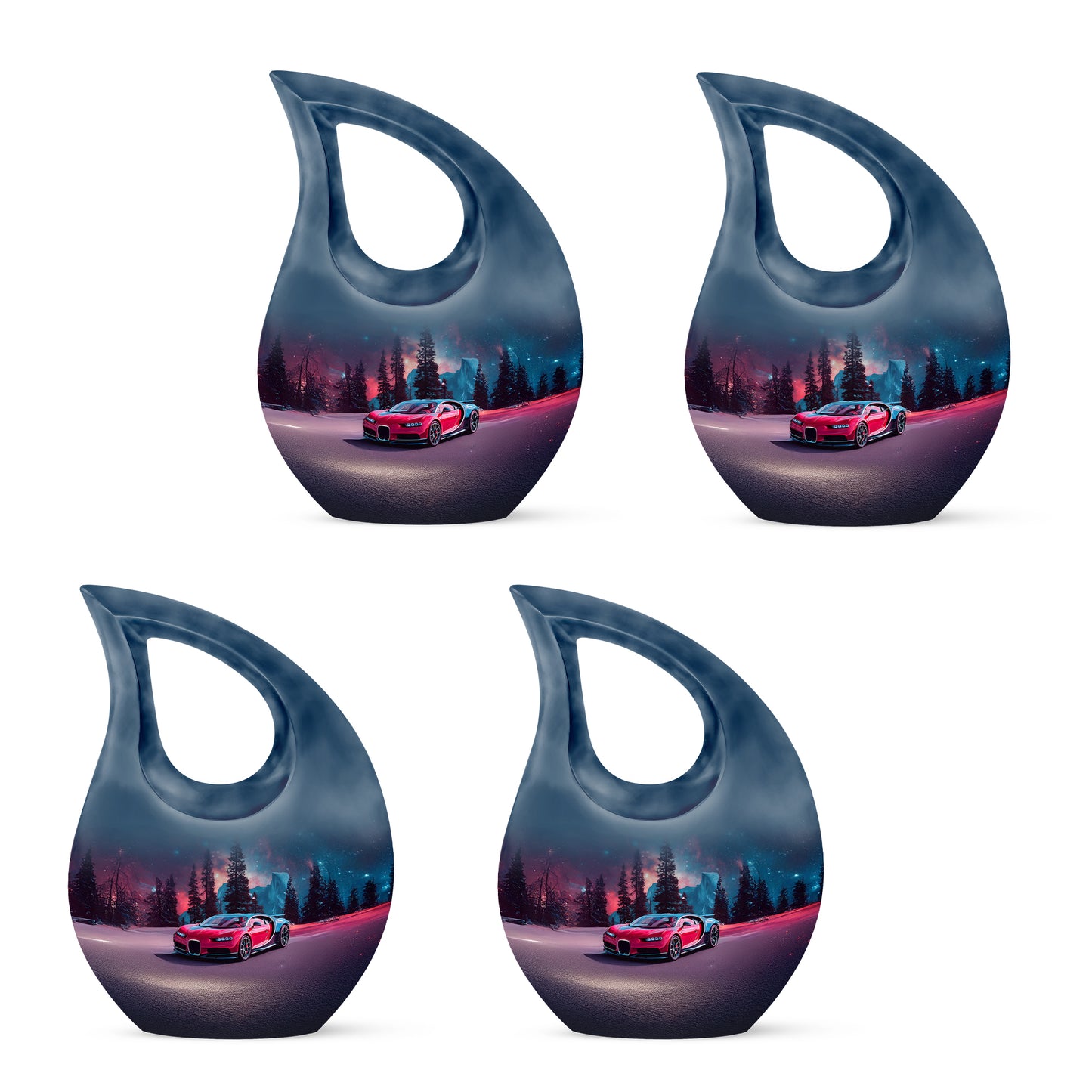 Powder Blue Car Cremation Urn lifestyle display on memorial shelf - sacred cross merged with car motif on metal - 10 inch aluminum urn for cremated remains