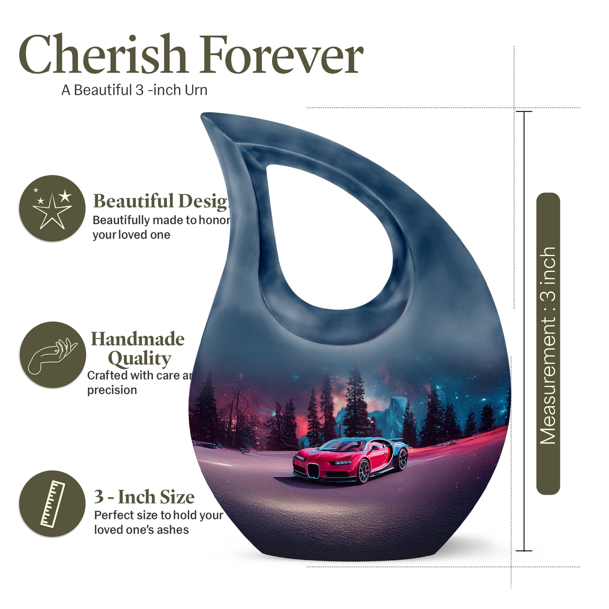 Icy Blue Car Cremation Urn back view with polished surface - sacred cross merged with car motif on metal - mini keepsake memorial for portion of cremation ashes