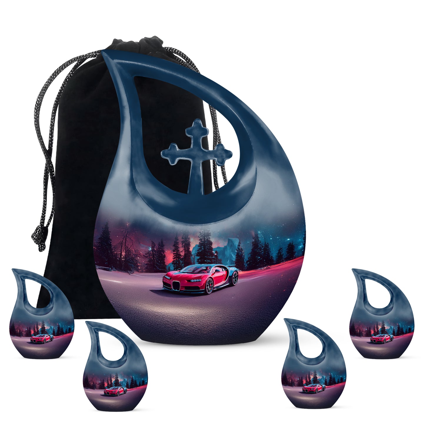 Cobalt Blue Car Cremation Urn urn with complimentary velvet bag - devotional cross-drop car engraving - memorial set with one large and four small urns