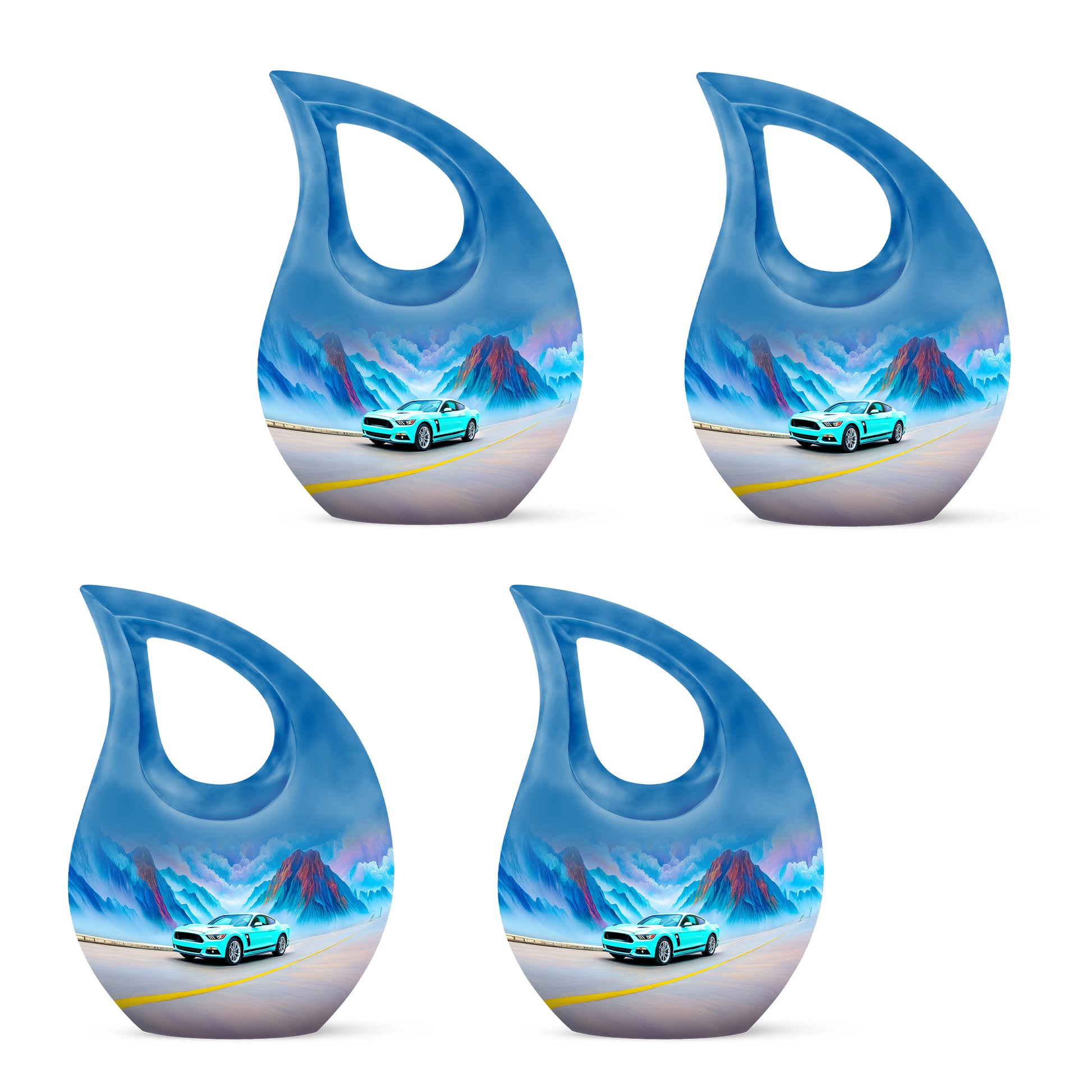 Vivid Teal Car Cremation Urn lifestyle display on memorial shelf - devotional cross-drop car engraving - 10 inch aluminum urn for cremated remains