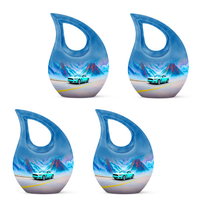 Vivid Teal Car Cremation Urn lifestyle display on memorial shelf - devotional cross-drop car engraving - 10 inch aluminum urn for cremated remains