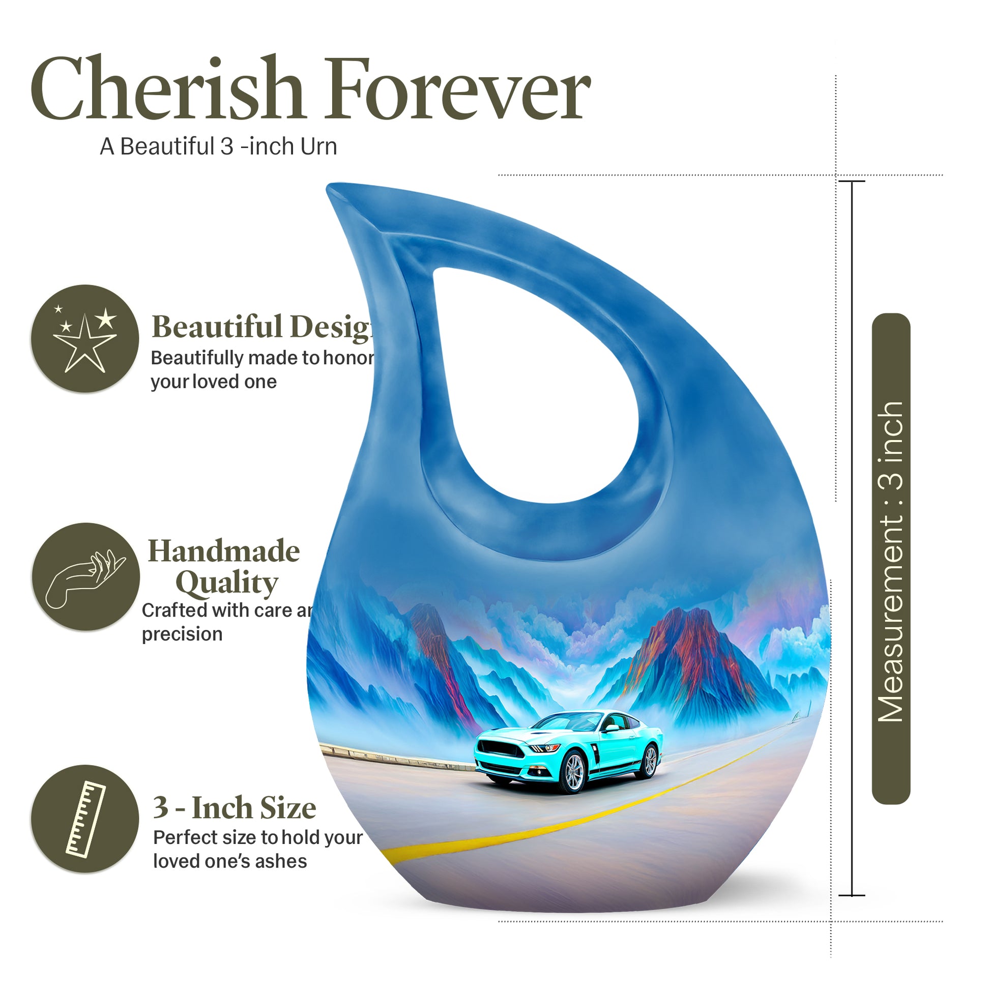 Soft Teal Car Cremation Urn back view with polished surface - sacred cross merged with car motif on metal - mini keepsake memorial for portion of cremation ashes