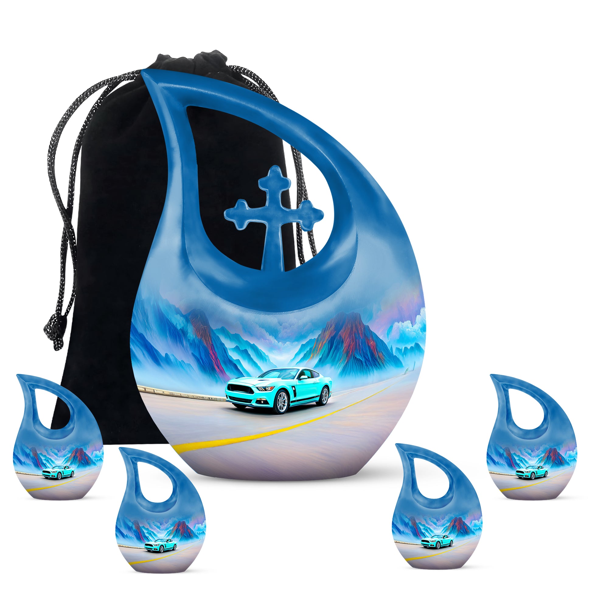 Aqua Teal Car Cremation Urn urn with complimentary velvet bag - faith-inspired cross-drop urn with car pattern - memorial set with one large and four small urns