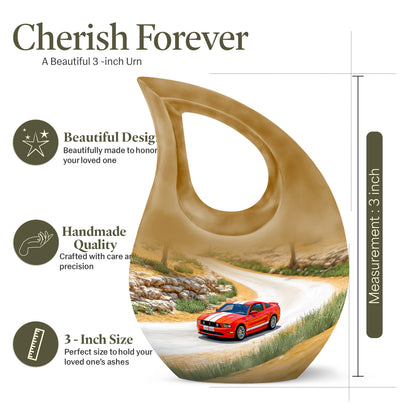 Champagne Gold Car Cremation Urn back view with polished surface - cross and car combined in spiritual memorial design - mini keepsake memorial for portion of cremation ashes