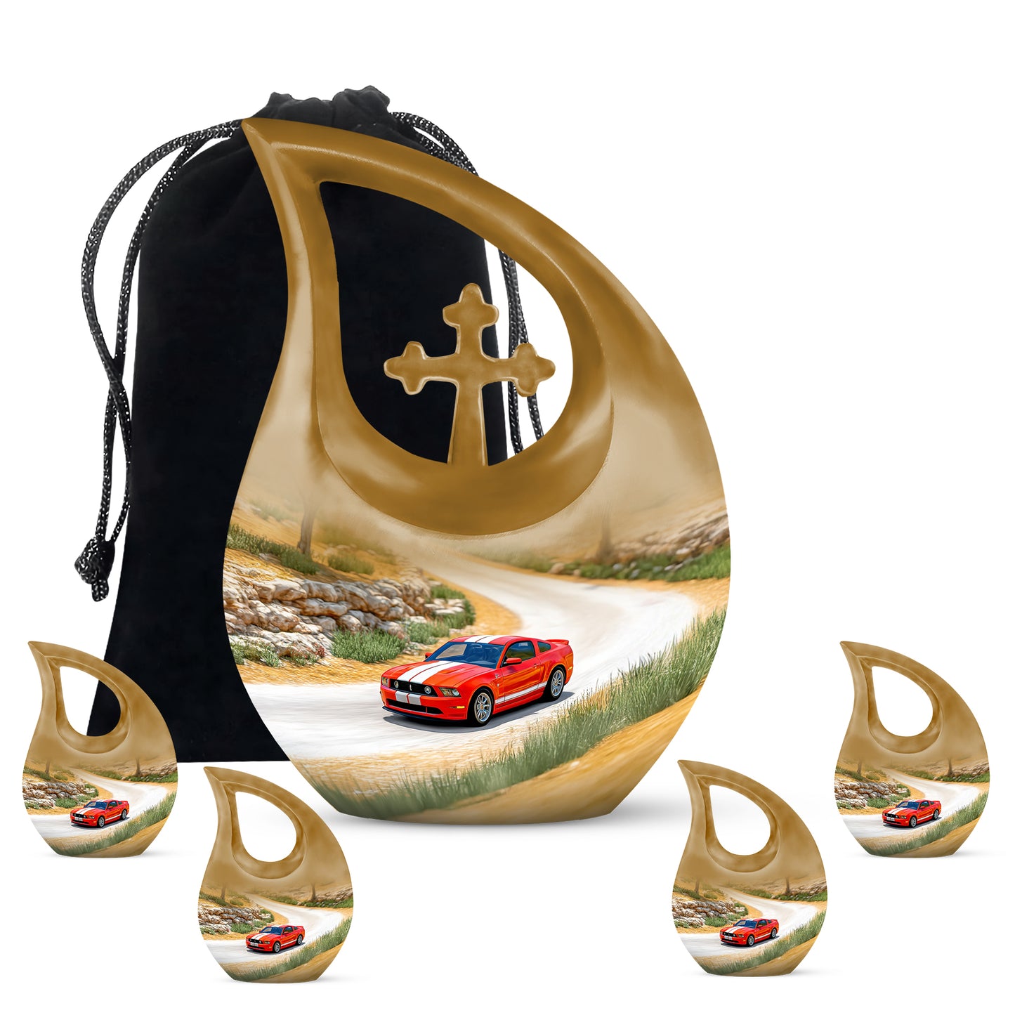 Gilded Gold Car Cremation Urn urn with complimentary velvet bag - sacred cross merged with car motif on metal - memorial set with one large and four small urns