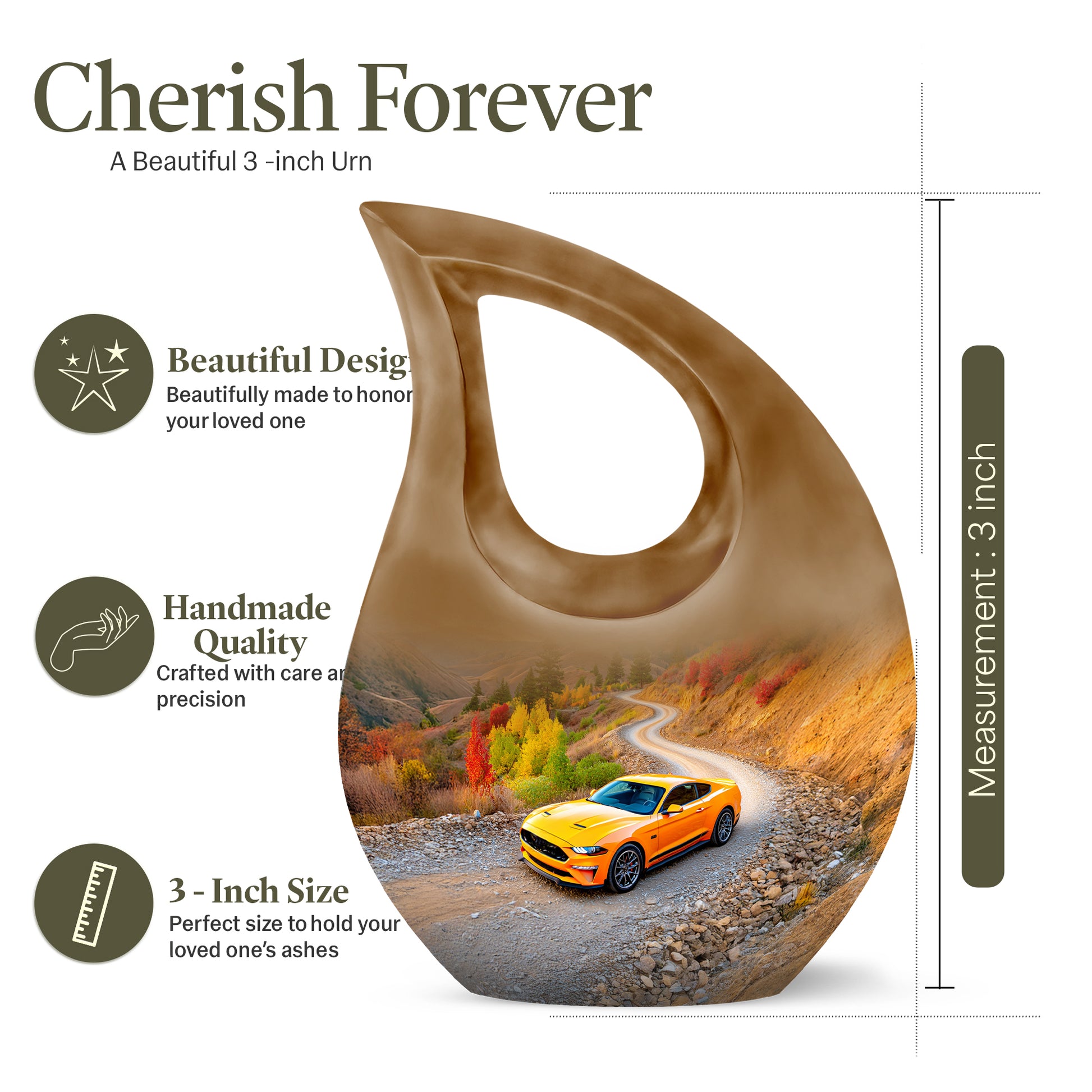 Sky Blue Car Cremation Urn back view with polished surface - sacred cross merged with car motif on metal - mini keepsake memorial for portion of cremation ashes