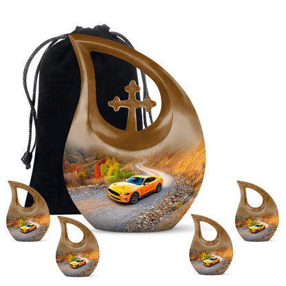 Dusty Blue Car Cremation Urn urn with complimentary velvet bag - cross and car combined in spiritual memorial design - memorial set with one large and four small urns