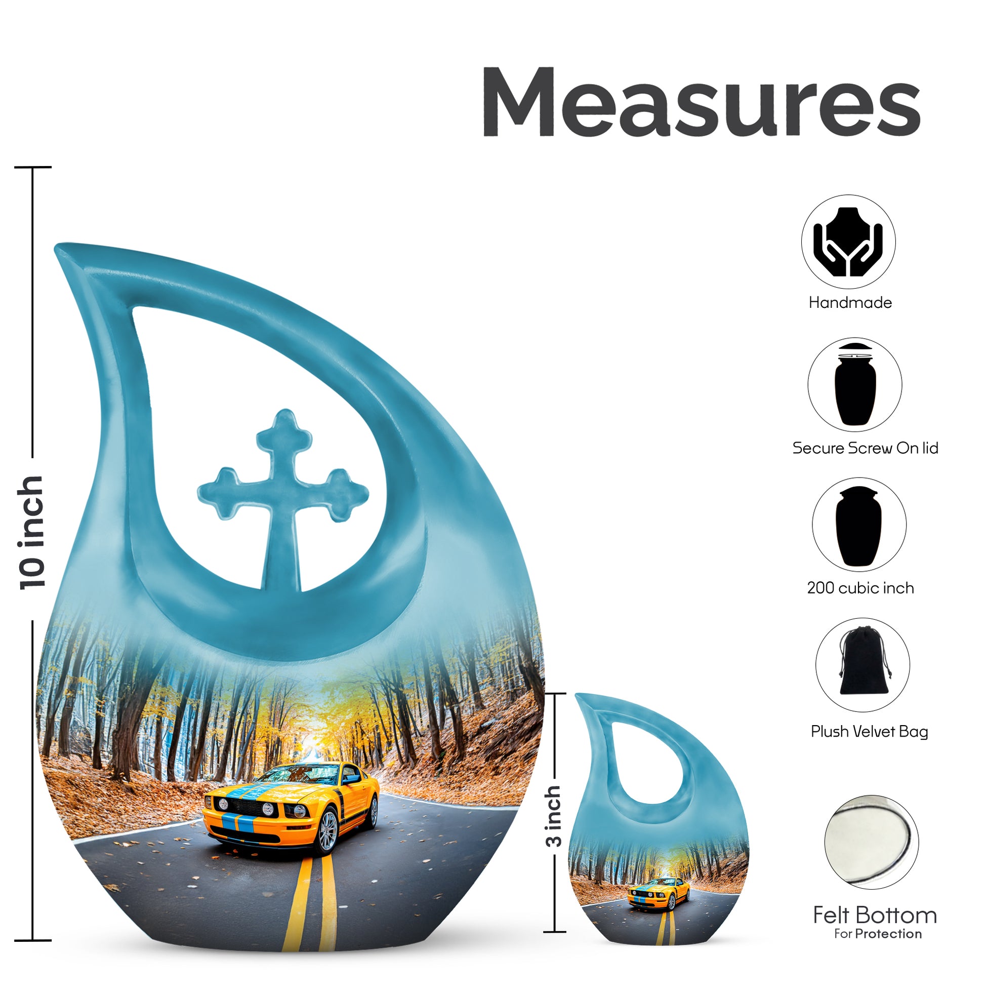 Celestial Blue Car Cremation Urn back view with polished surface - sacred cross merged with car motif on metal - mini keepsake memorial for portion of cremation ashes