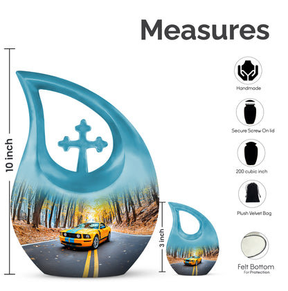 Celestial Blue Car Cremation Urn back view with polished surface - sacred cross merged with car motif on metal - mini keepsake memorial for portion of cremation ashes