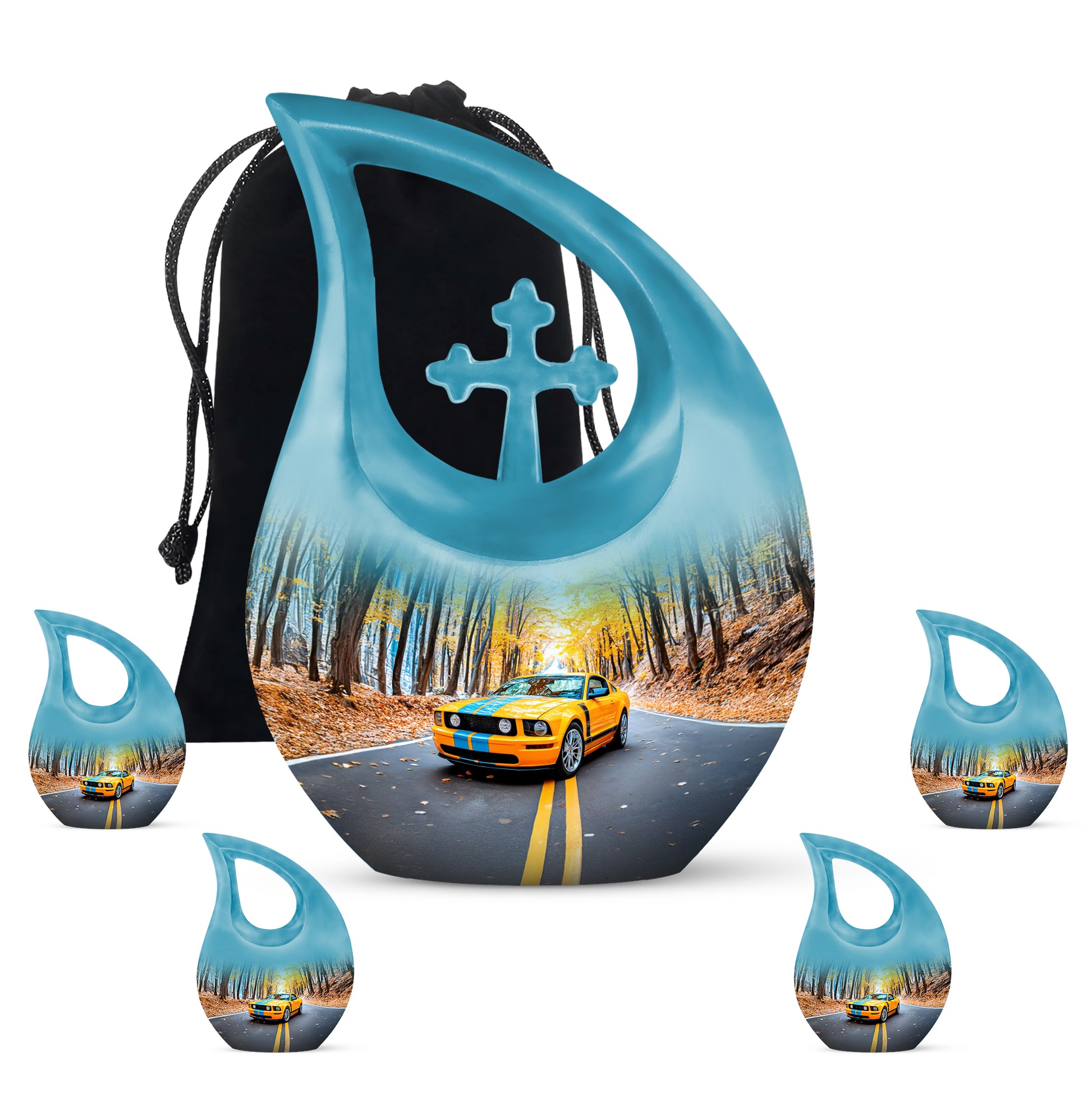 Steel Blue Car Cremation Urn urn with complimentary velvet bag - devotional cross-drop car engraving - memorial set with one large and four small urns