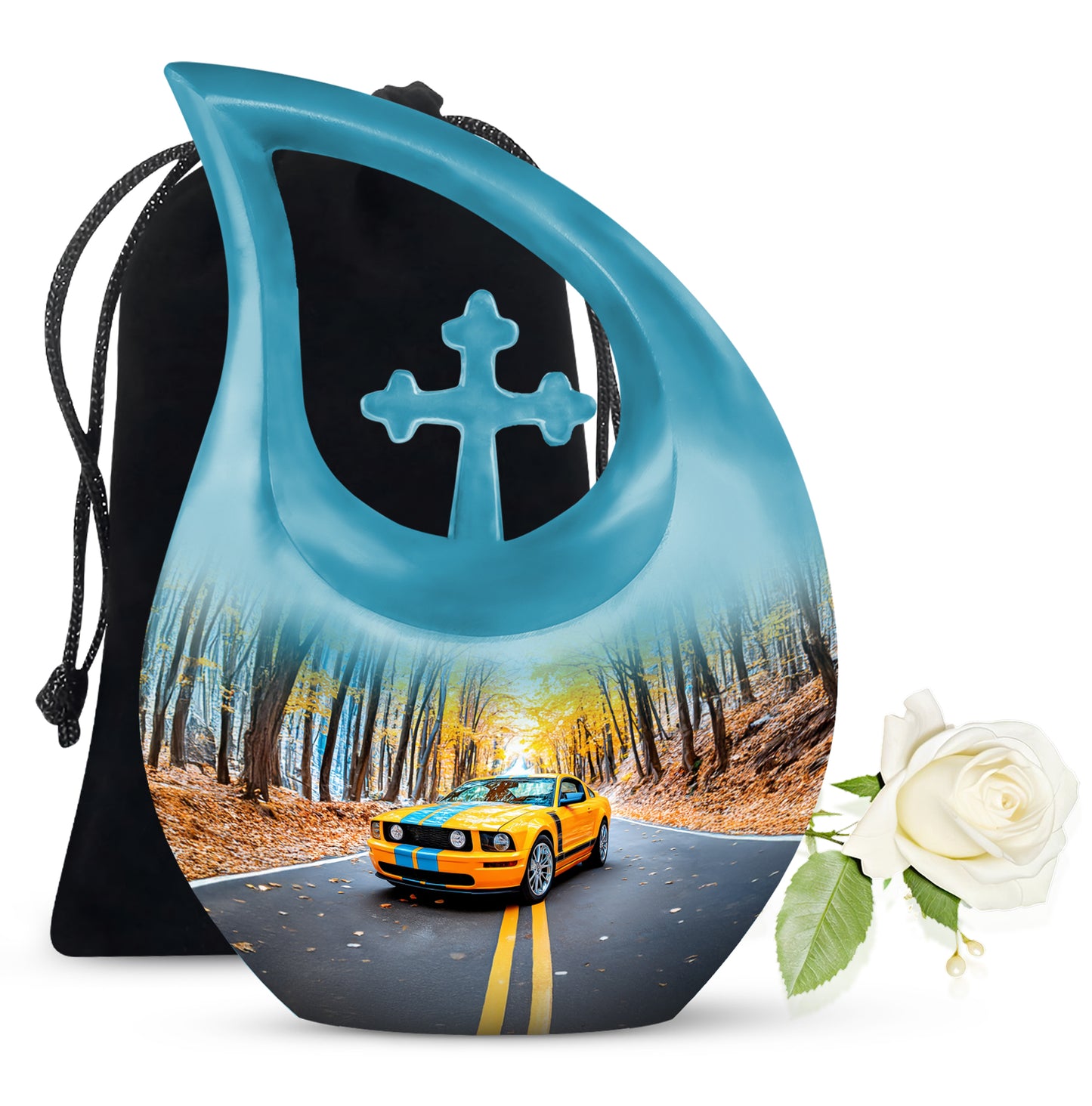 Serene Blue Car Cremation Urn top-down view of secure threaded lid - faith-inspired cross-drop urn with car pattern - full-size 10 inch 200 cubic inch adult cremation urn