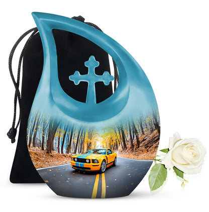 Serene Blue Car Cremation Urn top-down view of secure threaded lid - faith-inspired cross-drop urn with car pattern - full-size 10 inch 200 cubic inch adult cremation urn
