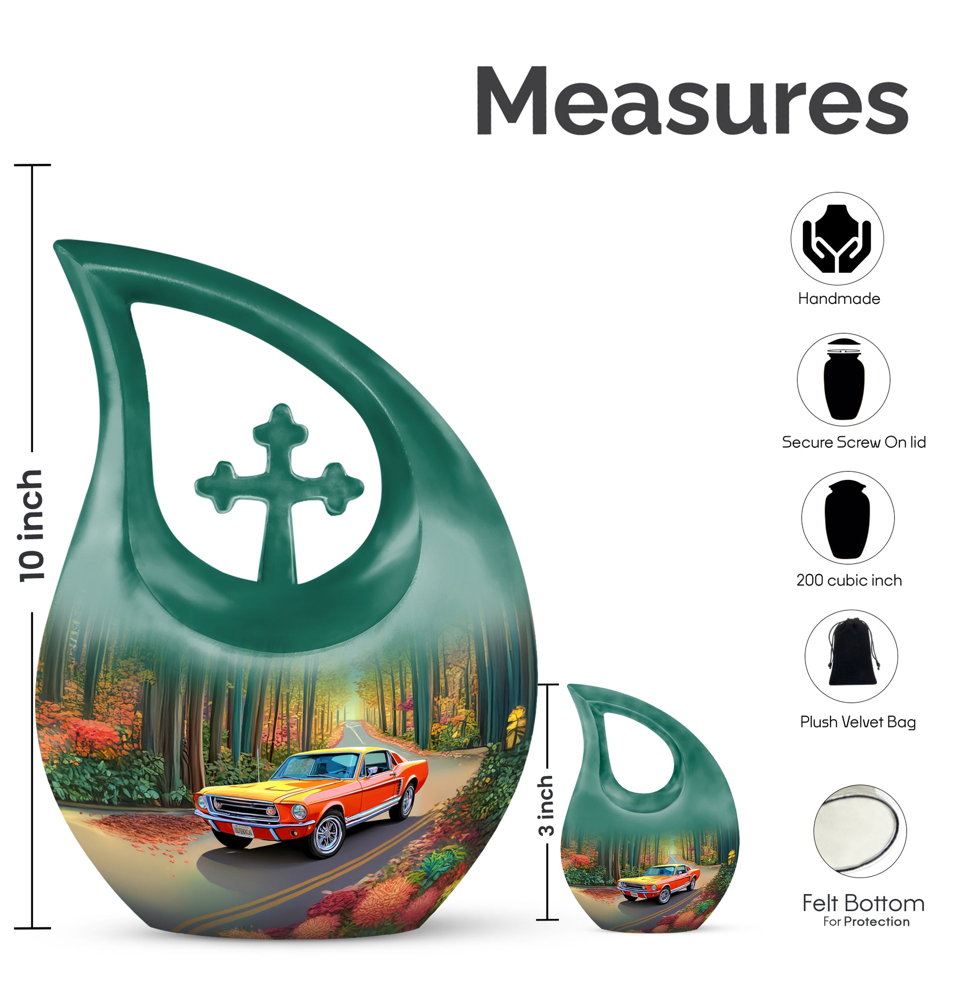 Royal Gold Car Cremation Urn back view with polished surface - devotional cross-drop car engraving - mini keepsake memorial for portion of cremation ashes