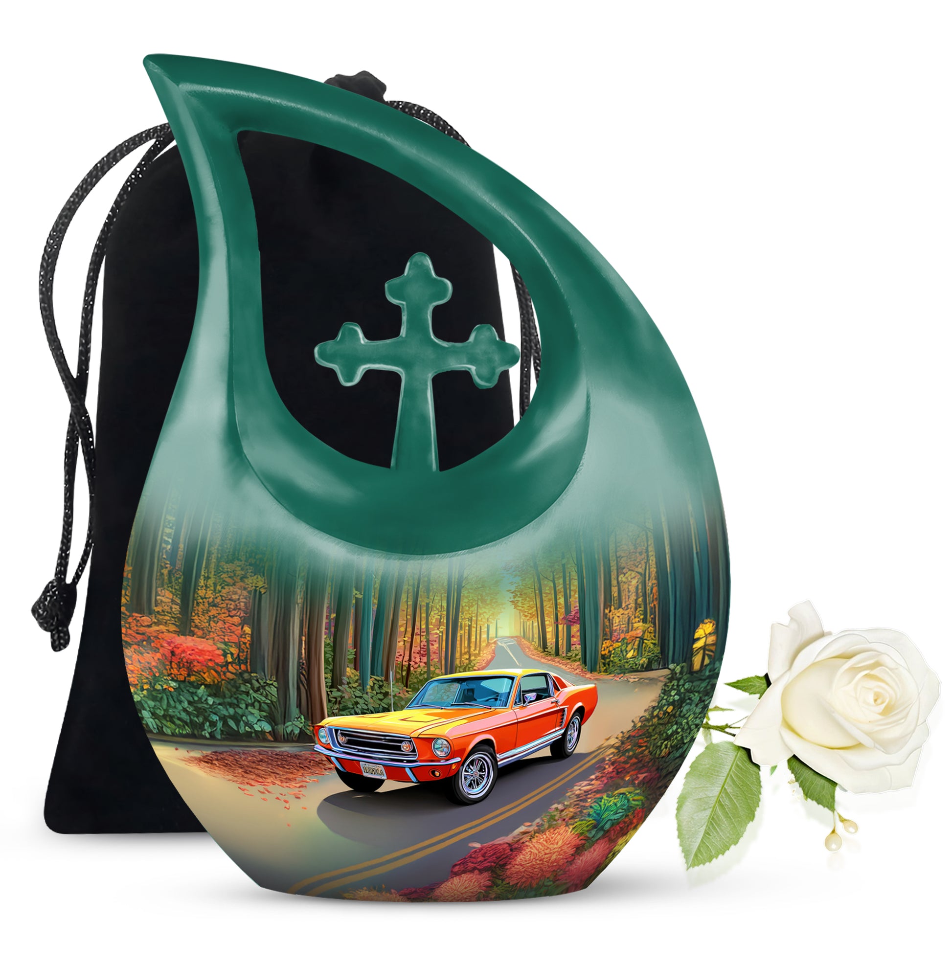 Matte Gold Car Cremation Urn top-down view of secure threaded lid - devotional cross-drop car engraving - full-size 10 inch 200 cubic inch adult cremation urn