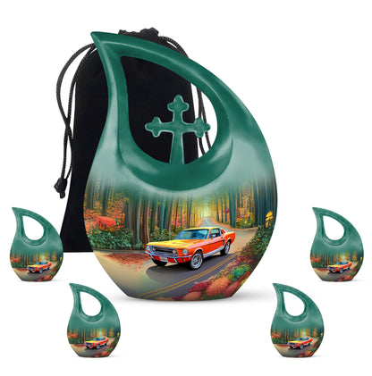 Champagne Gold Car Cremation Urn urn with complimentary velvet bag - sacred cross merged with car motif on metal - memorial set with one large and four small urns