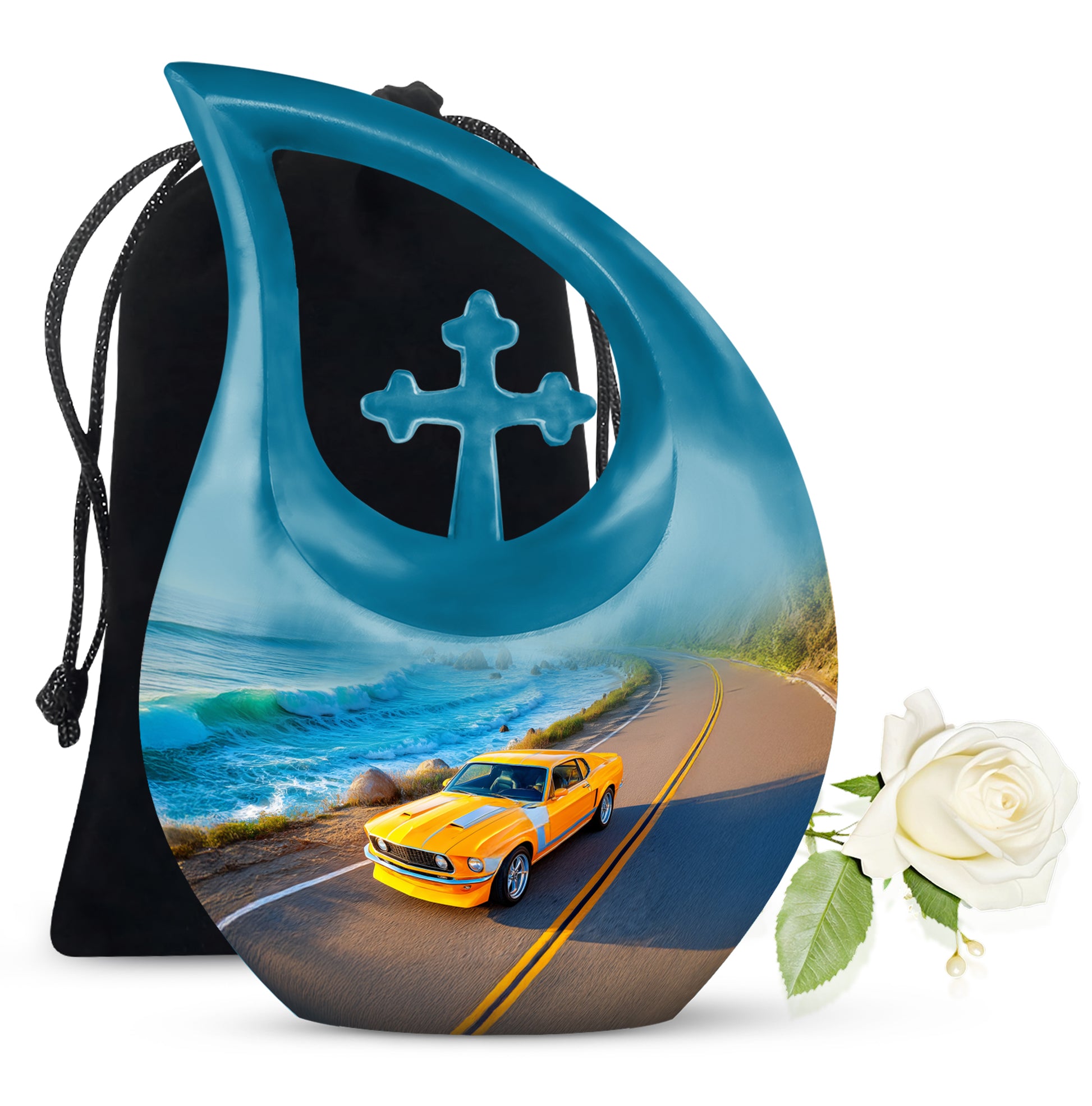 Serene Blue Car Cremation Urn top-down view of secure threaded lid - faith-inspired cross-drop urn with car pattern - full-size 10 inch 200 cubic inch adult cremation urn