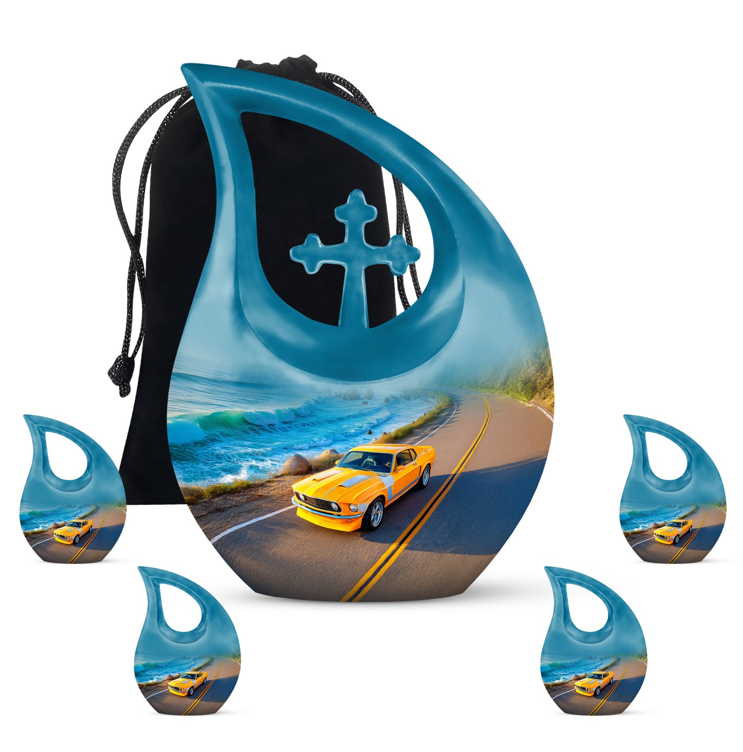 Steel Blue Car Cremation Urn urn with complimentary velvet bag - devotional cross-drop car engraving - memorial set with one large and four small urns