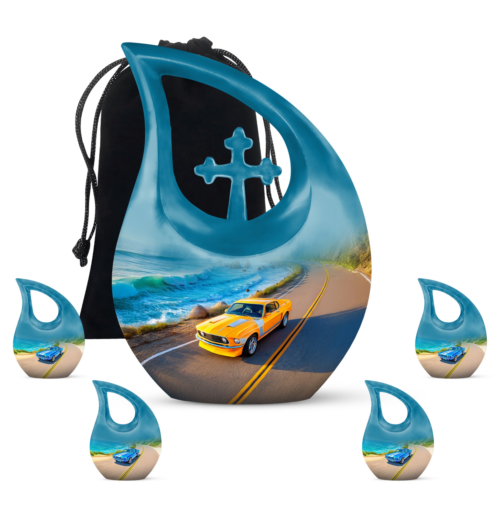 Slate Blue Car Cremation Urn urn with complimentary velvet bag - sacred cross merged with car motif on metal - memorial set with one large and four small urns